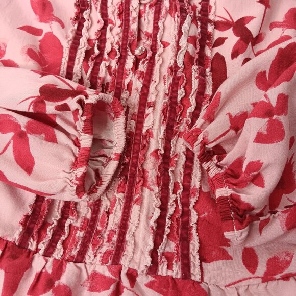Matilda Jane XS Blouse Pink Floral Rayon Button Up Tie Neck Ruffled Long Sleeve - Picture 5 of 12